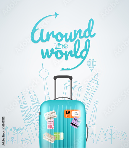 Color plastic travel bag with different travel elements vector illustration. Travel concept