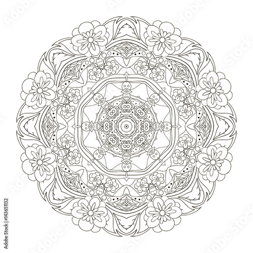 Mandala. Oriental pattern. Traditional coloring round ornament. Turkey, Egypt, Islam. Relaxing picture. Doodle drawing