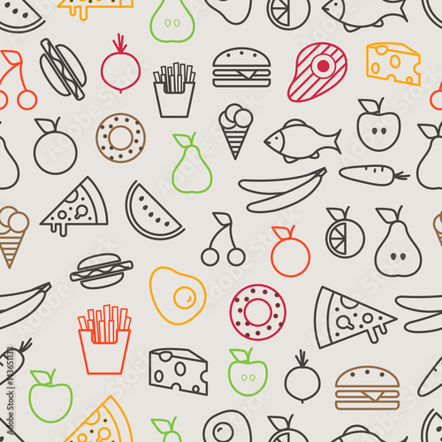 Different food silhouette icons seamless pattern. Food lineart background