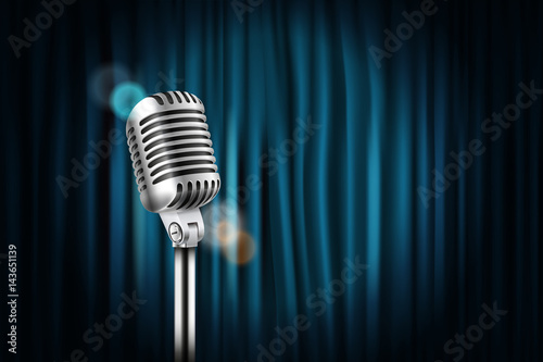 Stage curtains with shining microphone vector illustration. Standup comedy show concept