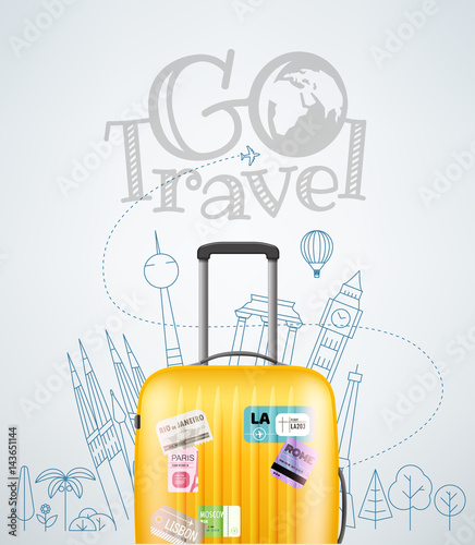 Color plastic travel bag with different travel elements vector illustration. Travel concept