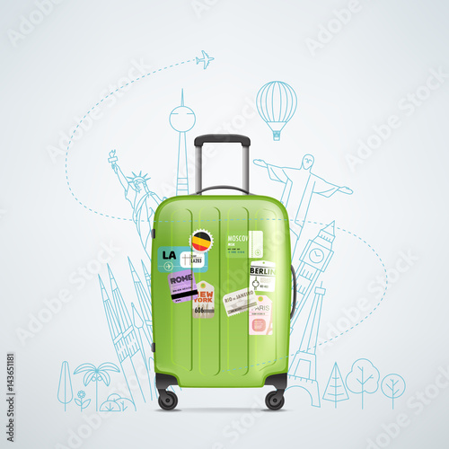 Color plastic travel bag with different travel elements vector illustration. Travel concept