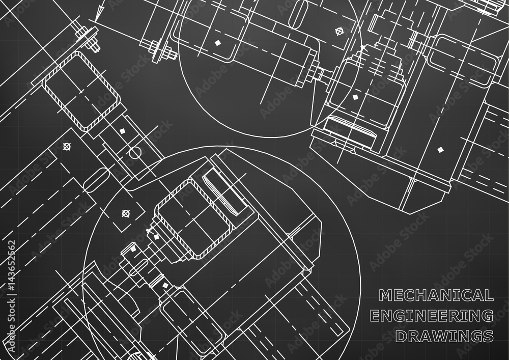 Blueprints. Mechanics. Cover. Mechanical Engineering drawing. Engineering design. Black. Grid