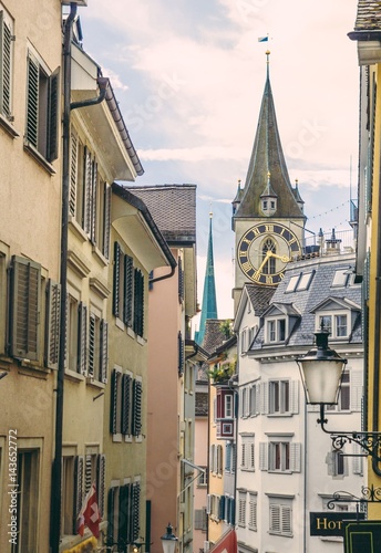 Old town of Zurich, Switzerland. Street and church