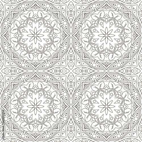 Seamless Mandala. Seamless floral ornament. Doodle drawing. Hand drawing. Yoga, relaxation, floral motifs. Coloring