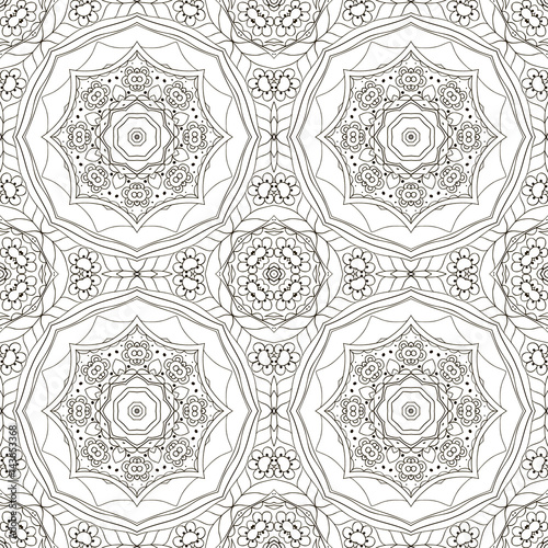 Seamless Mandala. Seamless floral ornament. Doodle drawing. Hand drawing. Yoga, floral motifs. Coloring