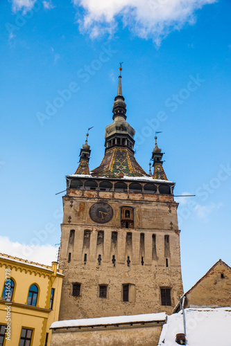 Medieval street view in city Sighisoara, Romania like a point of destination of touristic route.