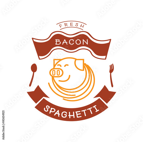 fresh bacon spaghetti logo with pig and noodle illustration