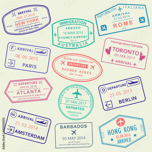 Custom and travel passport stamp set. International Airport visa stamps. Vector illustration.