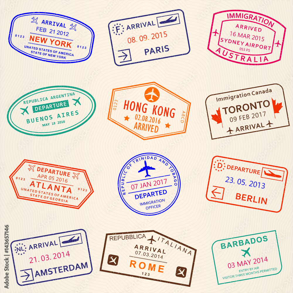 Obraz premium Visa stamp set. Arrival and Departure stamps from passport. International travel symbols. Vector illustration.