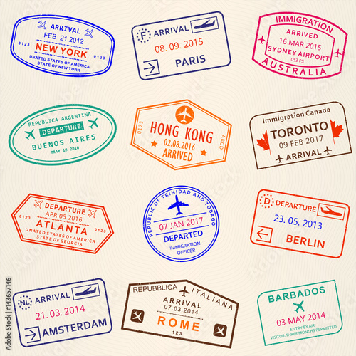 Visa stamp set. Arrival and Departure stamps from passport. International travel symbols. Vector illustration.