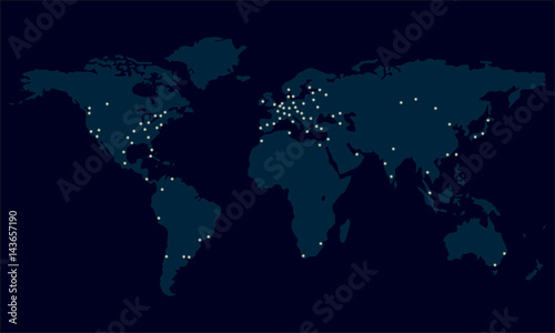 World map with city lights. Night view of Earth map with glowing city dots. Vector illustration.