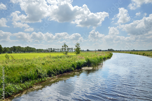 Canvas Print Canalised river and cloudy sky in a Dutch Landscape in the province of Drenthe, The Netherlands