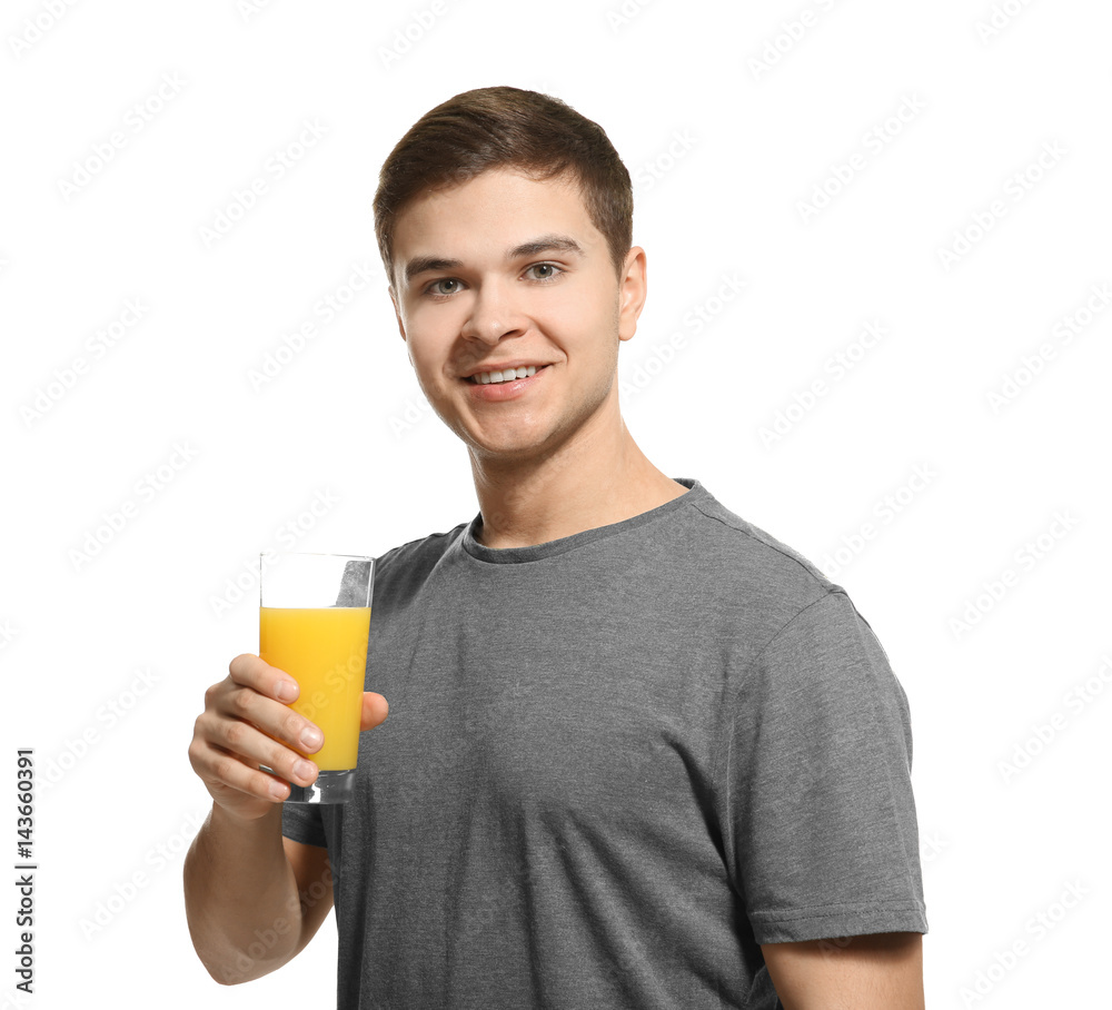 Young man drinking juice on white background Young man drinking juice on white background