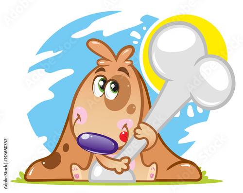 Hand-drawn little funny  dog sits and happily grabbed a huge bone and licks. All mine! Now I eat it. Everything is done in an isolated vector.
