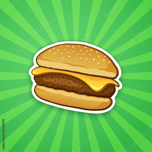 Vector illustration. Cheeseburger with cheese. Unhealthy food. Sticker in cartoon style with contour. Decoration for patches, prints for clothes, badges, posters, emblems, menus