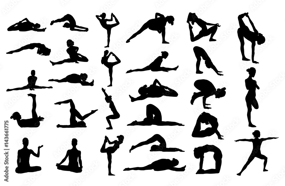 Woman makes yoga exercise. Vector silhouette. Vector images set (collection) Woman makes yoga exercise. Vector silhouette. Vector images set (collection)