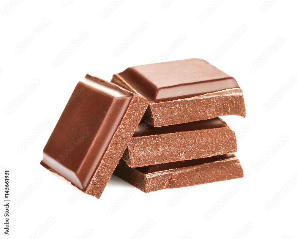 Broken chocolate pieces on white background Broken chocolate pieces on white background