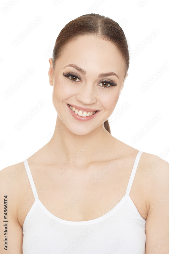 Perfect every day. Beautiful relaxed woman smiling looking to the camera isolated on white at the studio. Perfect every day. Beautiful relaxed woman smiling looking to the camera isolated on white at the studio.