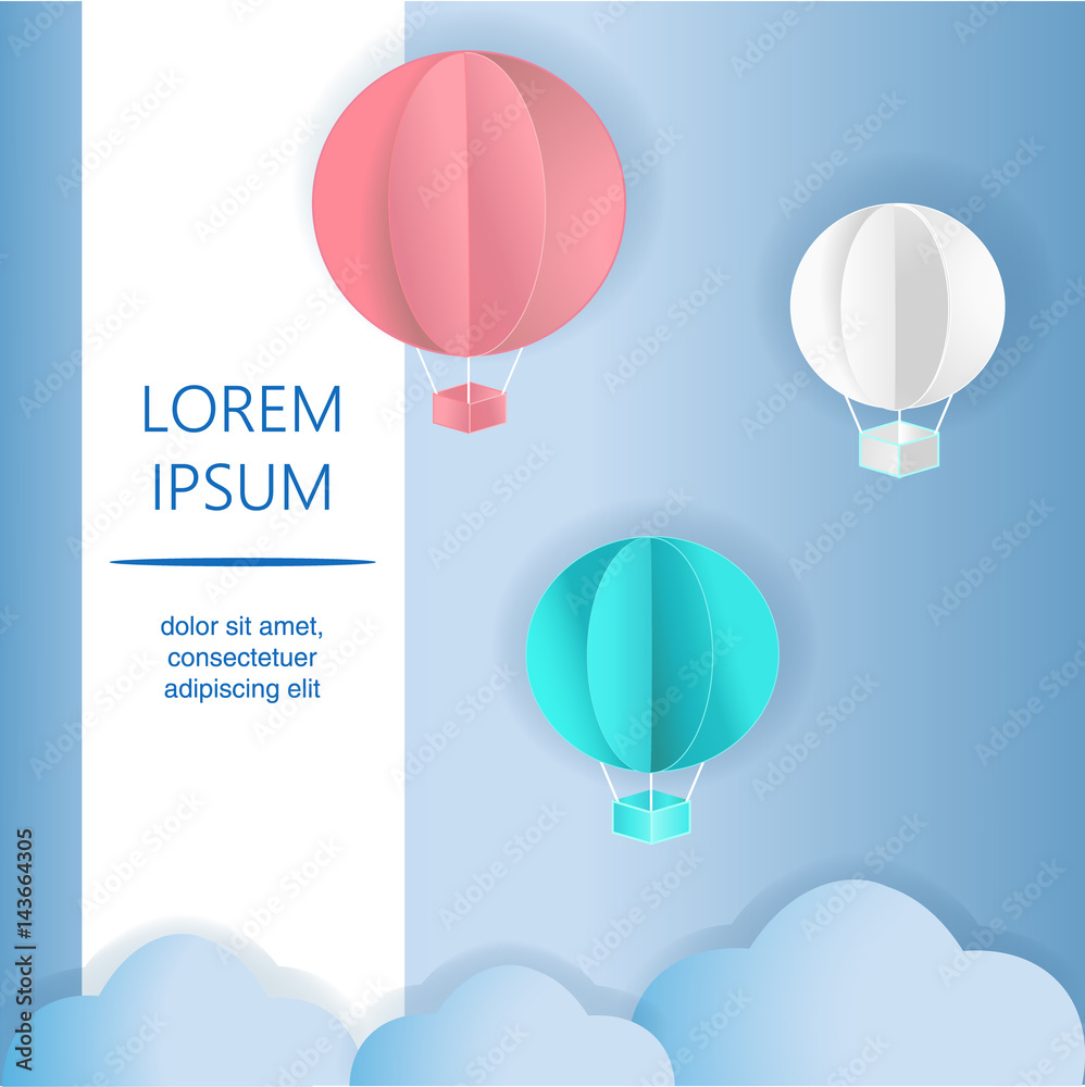 Fototapeta premium Paper art of balloons, paper art idea, vector art and illustration. Balloons with clouds and banner for your text. Concept of freedom and sommer day, origami made hot air balloon flying on blue sky.