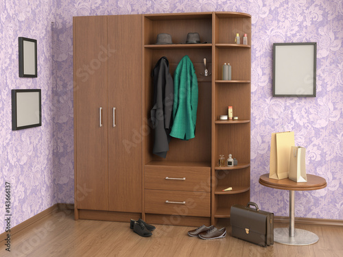 room with closet  clothes  bags  boxes and shoes  3d illustration