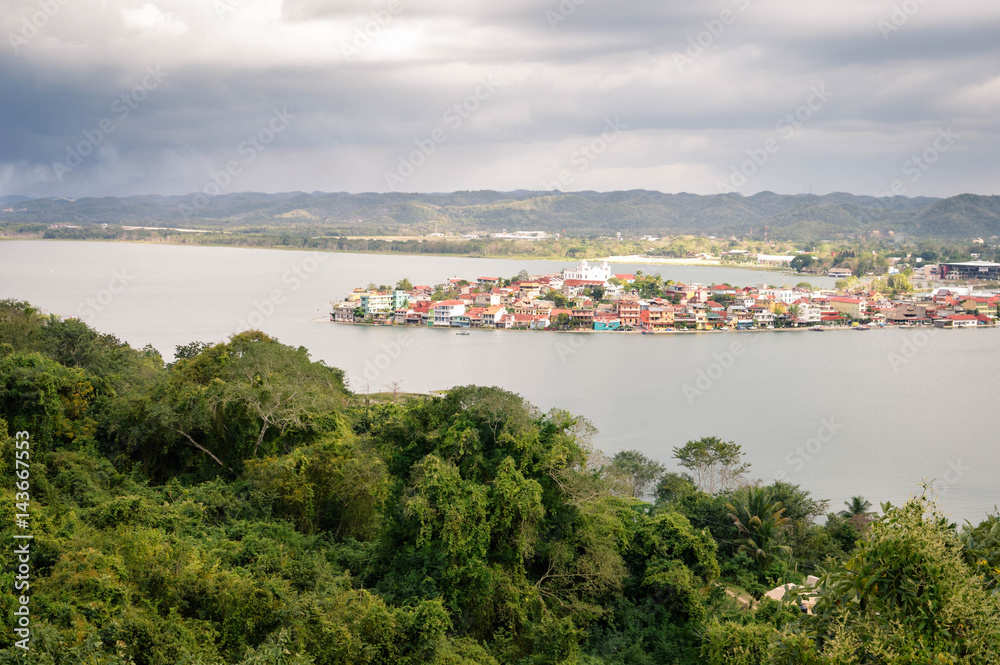 Lake Peten Itza and the colonial town of Flores in the north of Guatemala. Central America