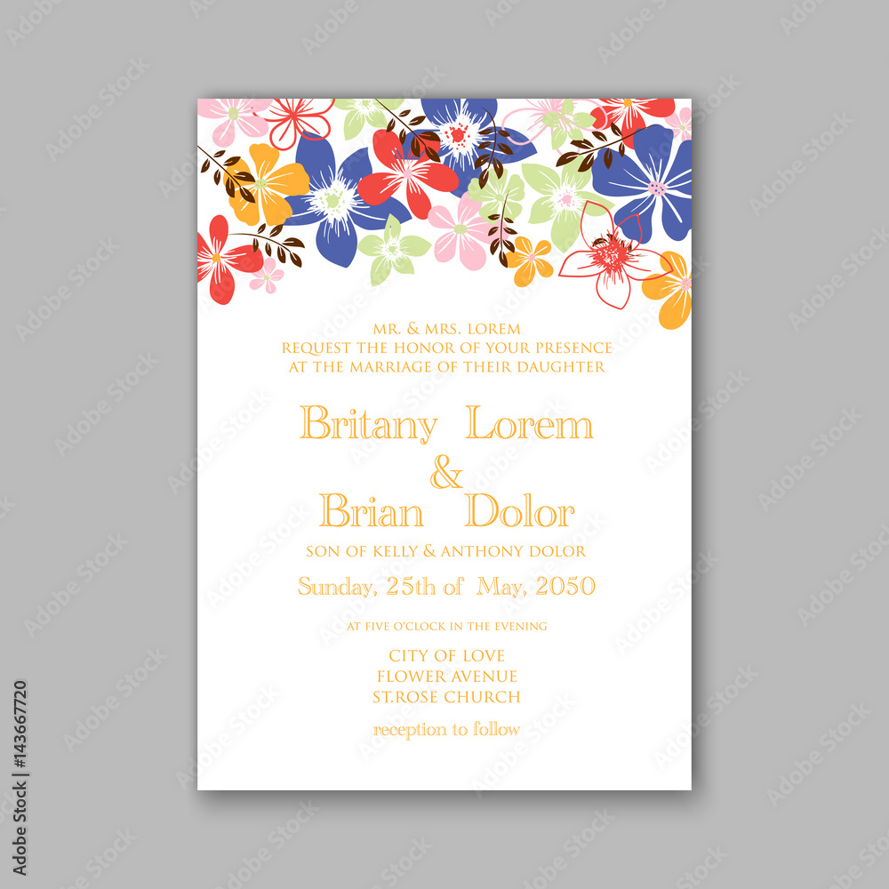 Fototapeta premium Peony Wedding Invitation Floral Bridal Wreath chrysanthemum flower Anemone, privet berry, currant berry vector illustration watercolor style Romantic invitation marriage, birthday, Valentine's day.