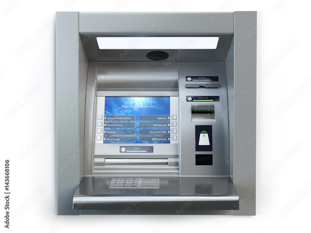 ATM machine isolated on white. Automated teller bank cash machine. ATM machine isolated on white. Automated teller bank cash machine.
