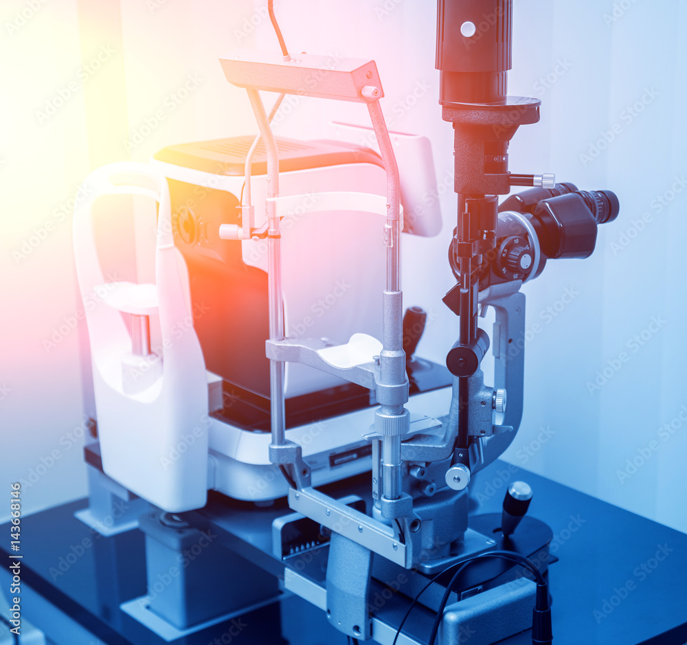 Refractometry. Keratometry. Refraction test. Optometry Stock Photo