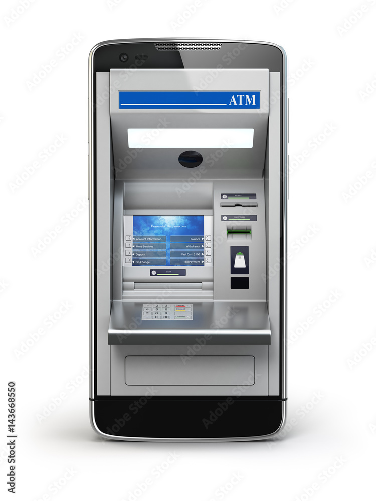 Mobile online banking and payment concept. Smart phone as ATM isolated on white background. Mobile online banking and payment concept. Smart phone as ATM isolated on white background.