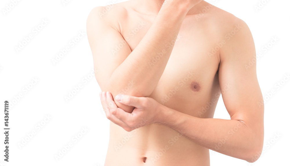 Man elbow pain on white background, health care and medical concept