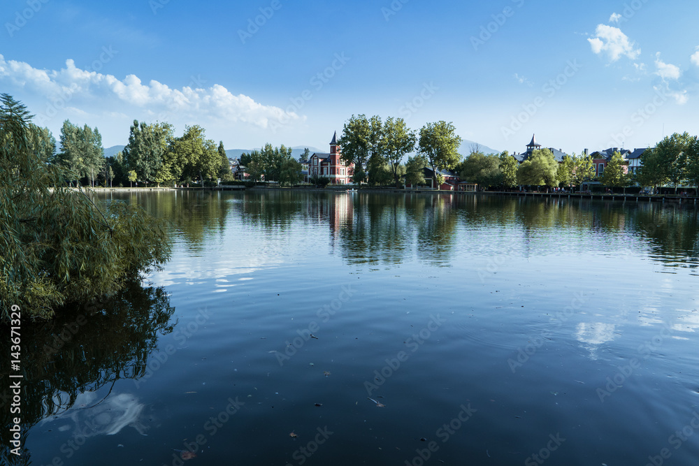 Landscape of Puigcerdà lake on a sunny day,  Cerdanya, Catalonia, Spain