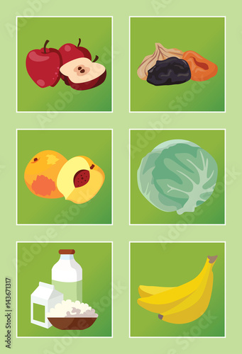 Apples, dried fruits, peaches, cabbage, dairy products, bananas