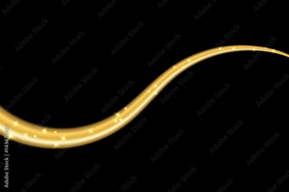 Gold wave ribbon. Golden abstract wavy line isolated on black background. Light metallic shiny design texture. Stars, sparkles. Bright flow space curve element. Modern graphic Vector illustration Gold wave ribbon. Golden abstract wavy line isolated on black background. Light metallic shiny design texture. Stars, sparkles. Bright flow space curve element. Modern graphic Vector illustration