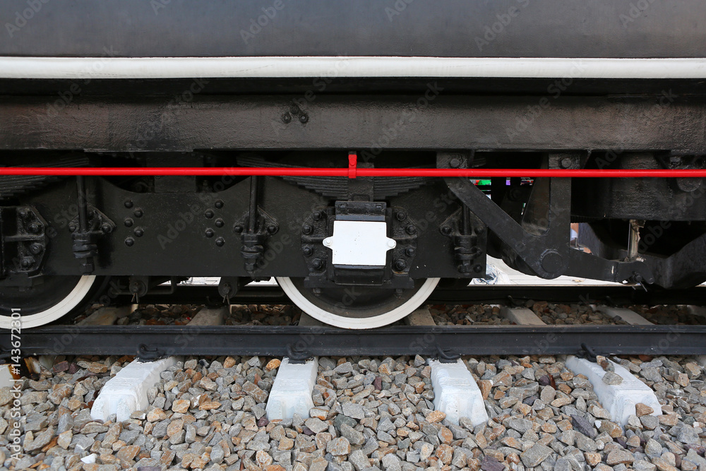 Mechanical part and wheels of the retro steam locomotive Mechanical part and wheels of the retro steam locomotive