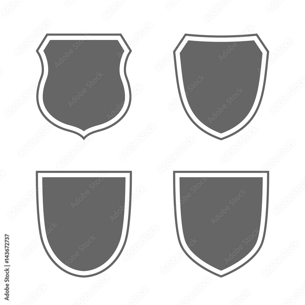 Shield shape icons set. Gray label signs isolated on white. Symbol of protection, arms, coat honor, security, safety. Flat retro style design. Element vintage heraldic emblem Vector illustration Shield shape icons set. Gray label signs isolated on white. Symbol of protection, arms, coat honor, security, safety. Flat retro style design. Element vintage heraldic emblem Vector illustration
