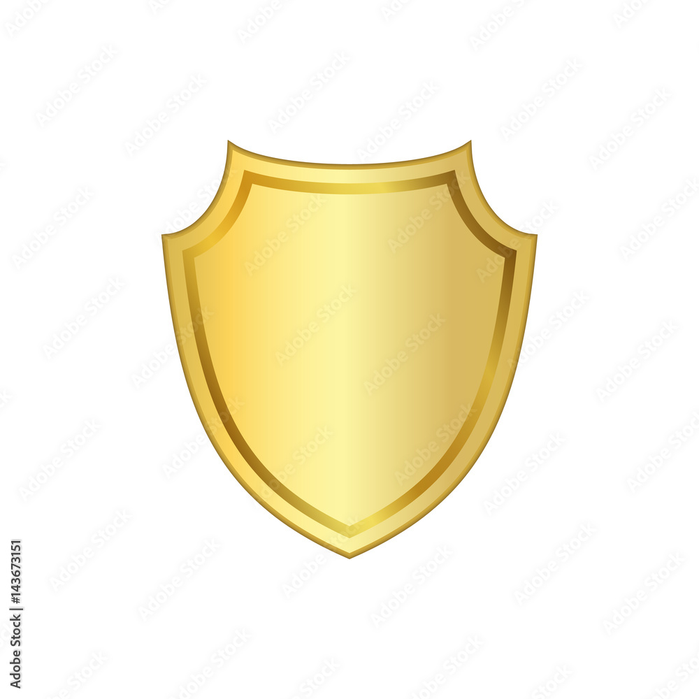 Gold shield shape icon. 3D golden emblem sign isolated on white background. Symbol of security, power, protection. Badge shape shield graphic design Vector illustration