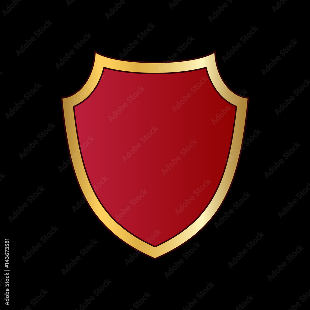 Gold and red shield shape icon. Logo emblem metallic sign isolated on black background. Shape shield symbol of security, protection or armor, safe. Shiny element design Vector illustration
