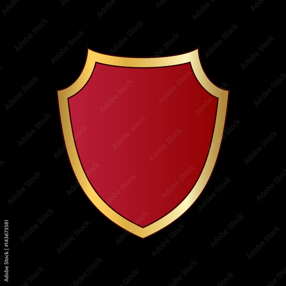 Gold and red shield shape icon. Logo emblem metallic sign isolated on black background. Shape shield symbol of security, protection or armor, safe. Shiny element design Vector illustration Gold and red shield shape icon. Logo emblem metallic sign isolated on black background. Shape shield symbol of security, protection or armor, safe. Shiny element design Vector illustration