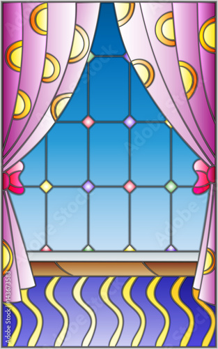 Illustration in stained glass style window with curtains 