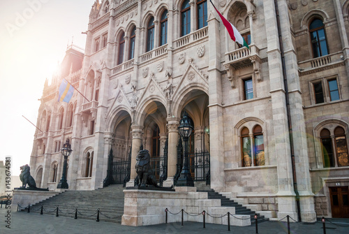 Parliament building in Budapest, with details on the facade and monuments of the building