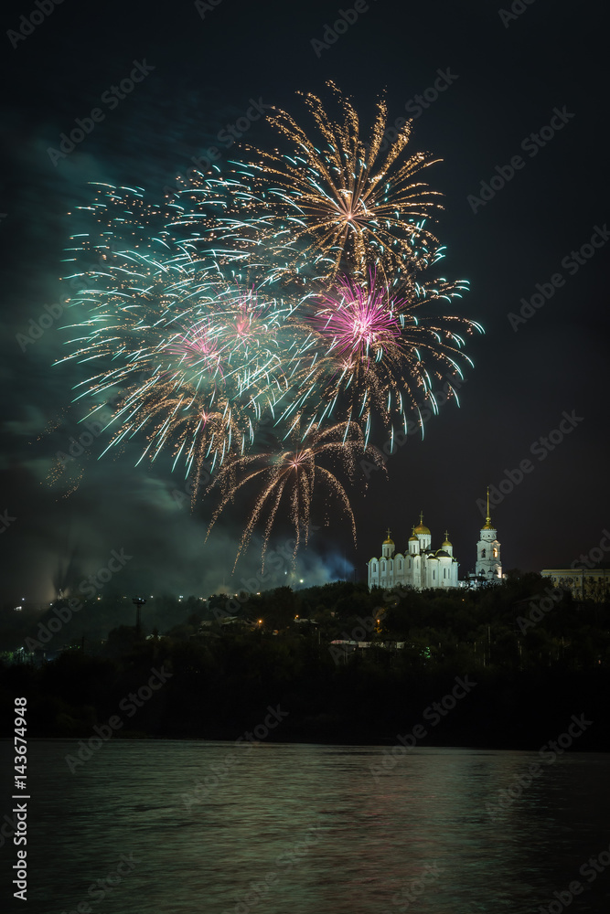 Fireworks in the night sky over Assumption cathedral