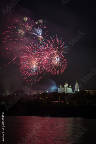 Golden ring of Russia, fireworks in the night sky over the Assumption cathedral in Vladimir city