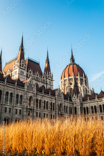 Parliament building in Budapest, with details on the facade and monuments of the building