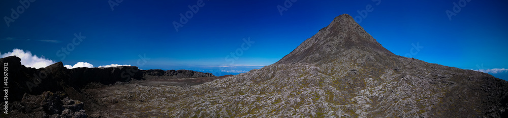 Panorama inside crater of Pico volcano and Piquinho pinnacle at Azores, Portugal