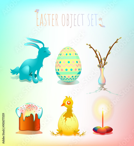 Colorful set of Easter symbols and templates in pastel: blue rabbit, painted egg, rainbow colored vase with willow branches, traditional easter cake, hatched chicken, bright lit candle with eggs. 