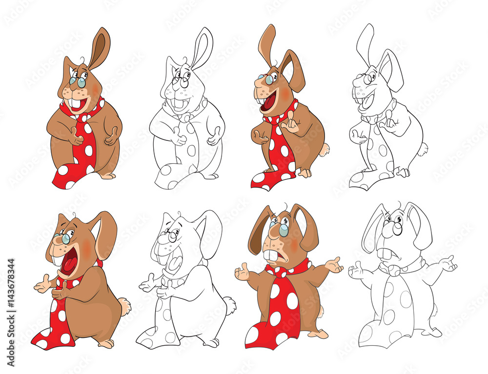 Naklejka premium Illustration Set Of a Cute Rabbits. Cartoon Character. Coloring Book