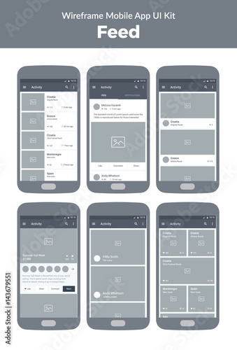 Wireframe kit for mobile phone. Mobile App UI design. Feed, activity, photos, public, notifications, search, screens.