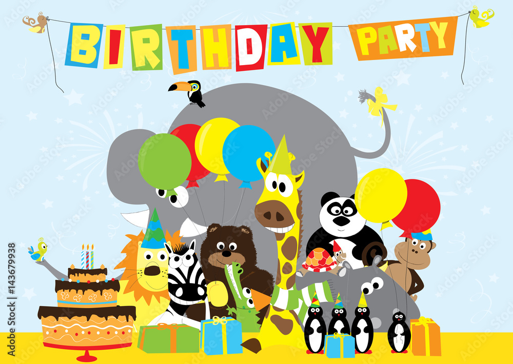 Fototapeta premium birthday party invitation with cartoon wild animals, birthday cake, balloons / vectors illustration for children