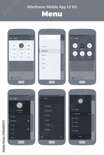 Wireframe UI kit for mobile phone. Mobile App. Menu screens